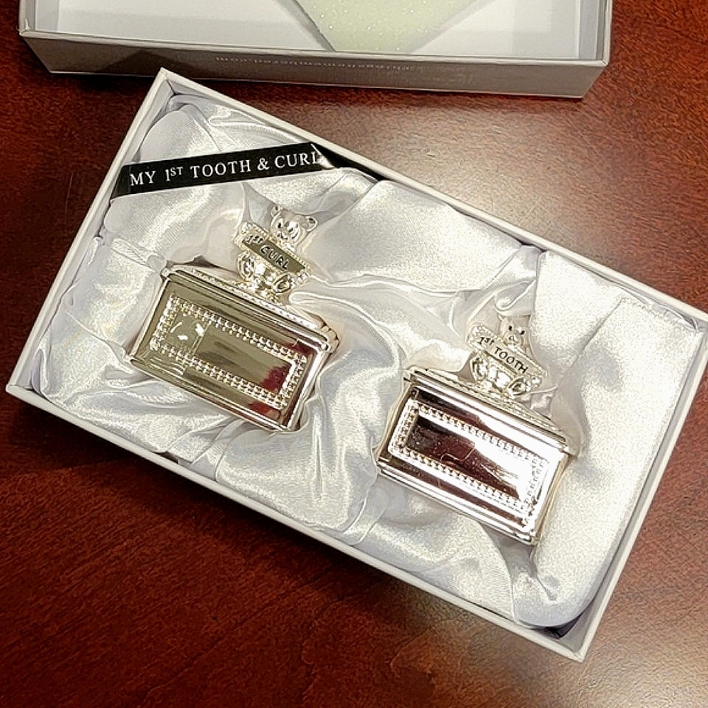 Things Remembered Silver Keepsake Box Set Baby's First Tooth & Curl New